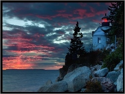 Morska, Bass Harbor, Maine, Morze, Latarnia, Zachód Słońca