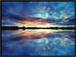 Chmury, Zachód Słońca, Jezioro