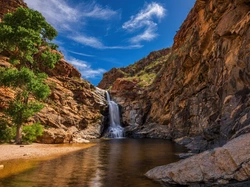 Drzewa, Wodospad, Skały, Stany Zjednoczone, Arizona, Tucson, Tanque Verde Falls