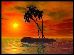 Grafika, Słońce, Palmy, Wyspa, Morze