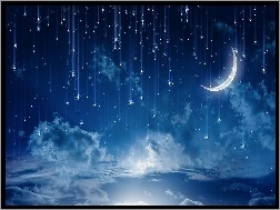 Gwiazdy, Chmury, Noc, Grafika, Księżyc
