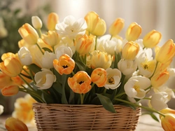 Tulipany, Kompozycja, Białe, Koszyk, Żółte