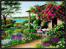 Krzesło, Kwiaty, Altanka, Ogród, Stolik