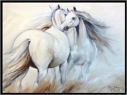 Obrazu, Konie, Białe, Dwa, Reprodukcja