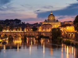 Oświetlenie, Watykan, Rzeka Tyber, Bazylika św Piotra, Most św Anioła, Wieczór
