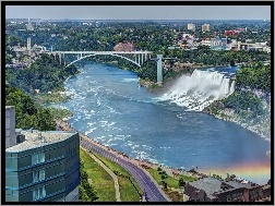 Rzeka, Most, Budynki, Wodospad