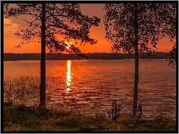 Słońca, Jezioro, Mostek, Drzewa, Zachód