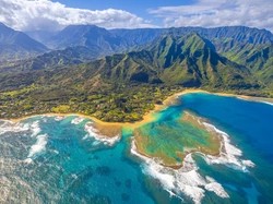 Roślinność, Wyspa Kauai, Morze, Stany Zjednoczone, Z lotu ptaka, Chmury, Hawaje, Góry