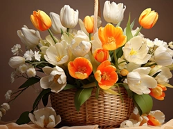 Tulipany, Kwiaty, Białe, Koszyk, Pomarańczowe