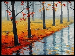 Obraz, Liście, Drzewa, Rzeka, Jesień