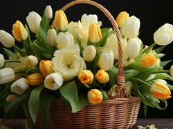 Listki, Kwiaty, Żółte, Tulipany, Białe, Koszyk