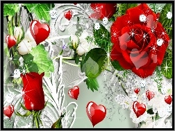 Walentynki, Róże, Czerwone, Serduszka