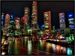 Widok, Azja, Singapur, Miasta, Noc, Wieżowce