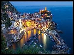 Włochy, Port, Miasto, Oświetlone, Liguria